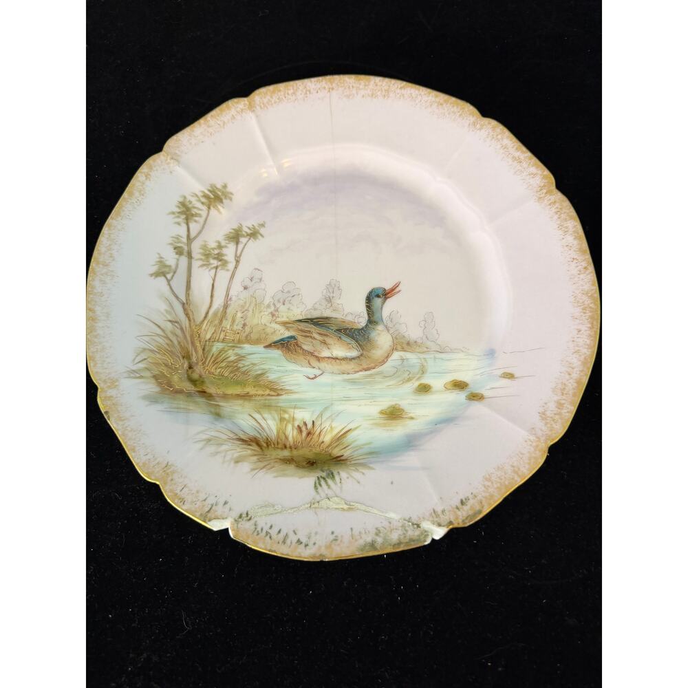 Pair Antique Limoges France  Plates Staple Repairs Duck & Deer Scenes 9 3/8"